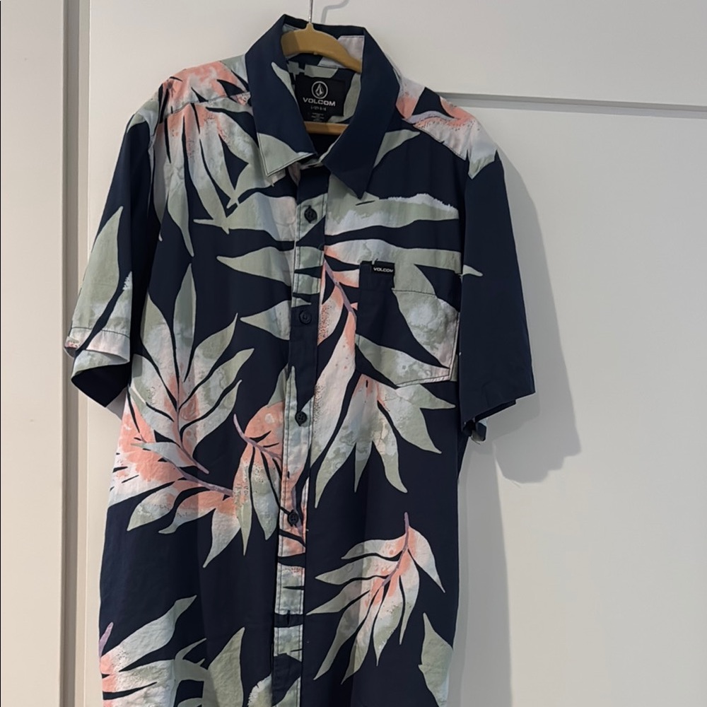 Volcom Boys Navy and Pink Leaf Print button down Shirt